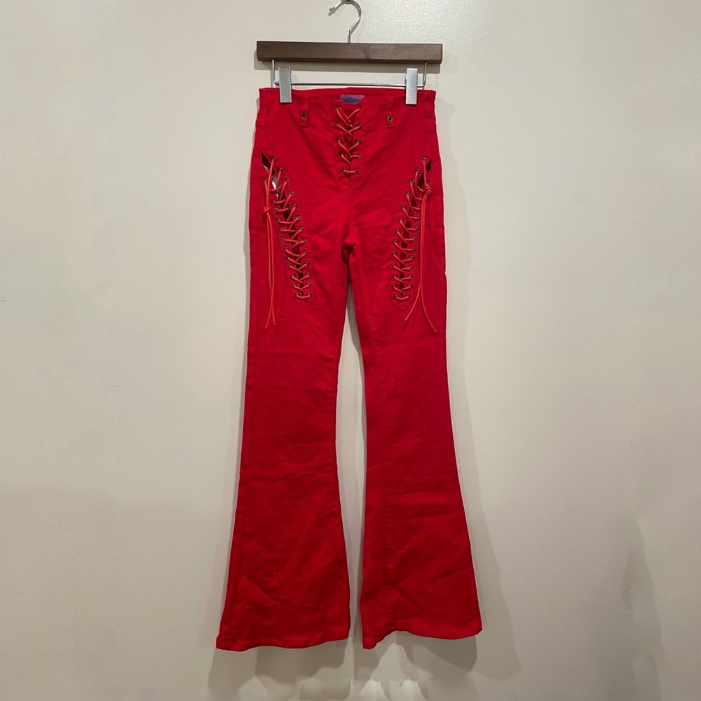 EDIKTED tie up red flare jeans